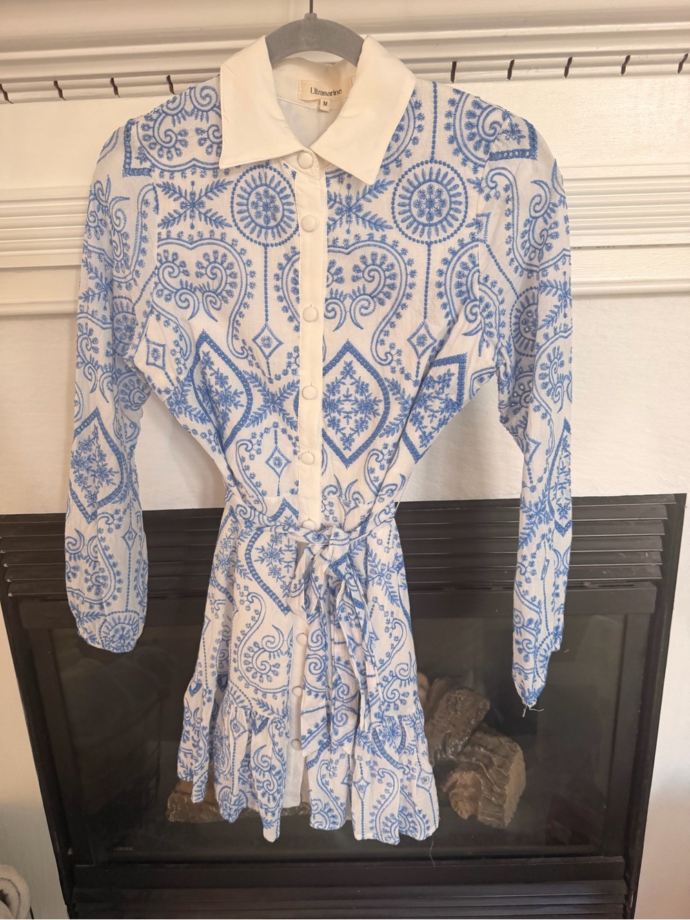 Ultramarine Blue & White Paisley Button-Front Shirt Dress